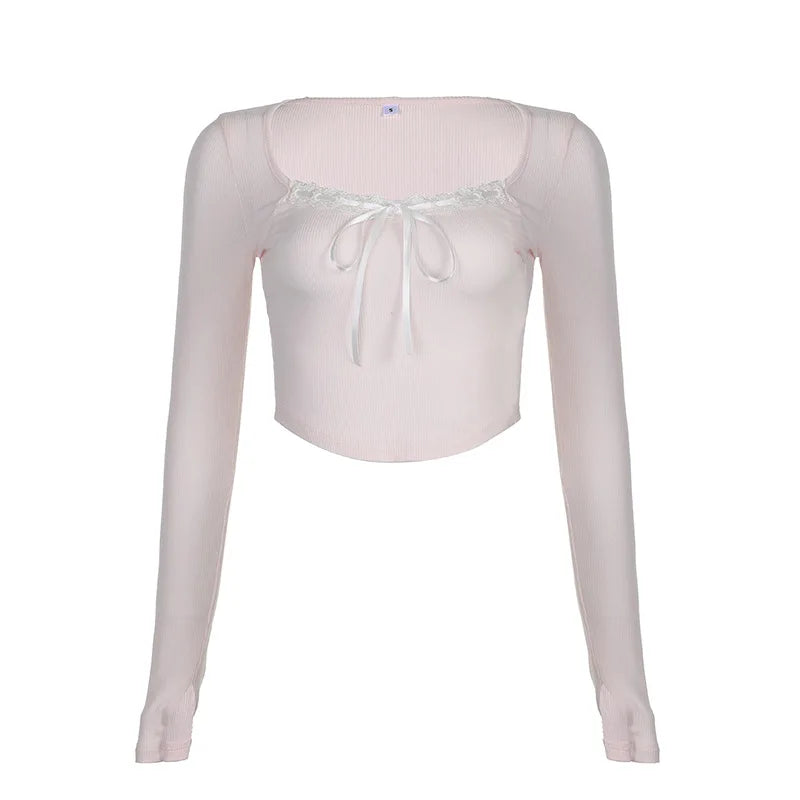 Pink Black Ribbon Laced Long Sleeve Women's Top-Kawaii Dream