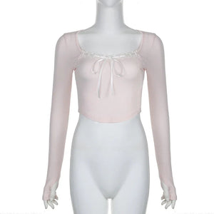 Pink Black Ribbon Laced Long Sleeve Women's Top-Kawaii Dream