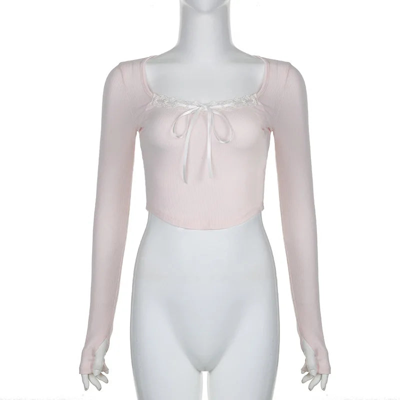 Pink Black Ribbon Laced Long Sleeve Women's Top-Kawaii Dream
