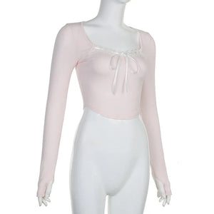 Pink Black Ribbon Laced Long Sleeve Women's Top-Kawaii Dream