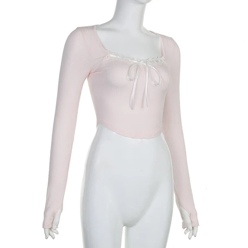 Pink Black Ribbon Laced Long Sleeve Women's Top-Kawaii Dream