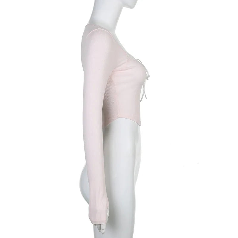 Pink Black Ribbon Laced Long Sleeve Women's Top-Kawaii Dream