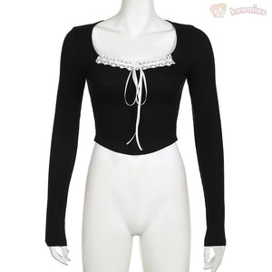 Pink Black Ribbon Laced Long Sleeve Women's Top-Kawaii Dream