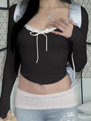 Pink Black Ribbon Laced Long Sleeve Women's Top-Kawaii Dream