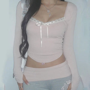 Pink Black Ribbon Laced Long Sleeve Women's Top-Kawaii Dream