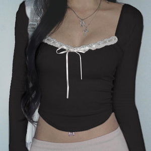 Pink Black Ribbon Laced Long Sleeve Women's Top-Kawaii Dream