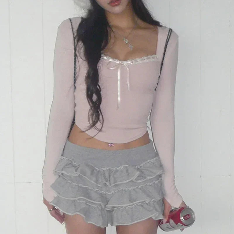 Pink Black Ribbon Laced Long Sleeve Women's Top-Kawaii Dream