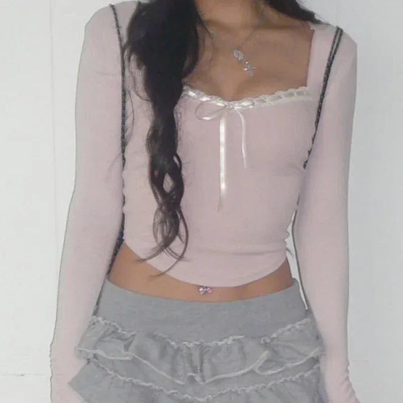 Pink Black Ribbon Laced Long Sleeve Women's Top-Kawaii Dream