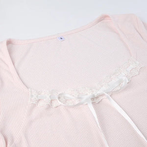 Pink Black Ribbon Laced Long Sleeve Women's Top-Kawaii Dream