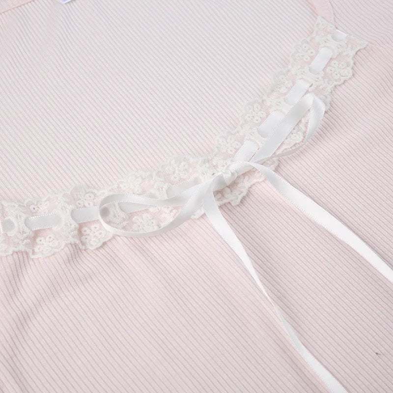Pink Black Ribbon Laced Long Sleeve Women's Top-Kawaii Dream