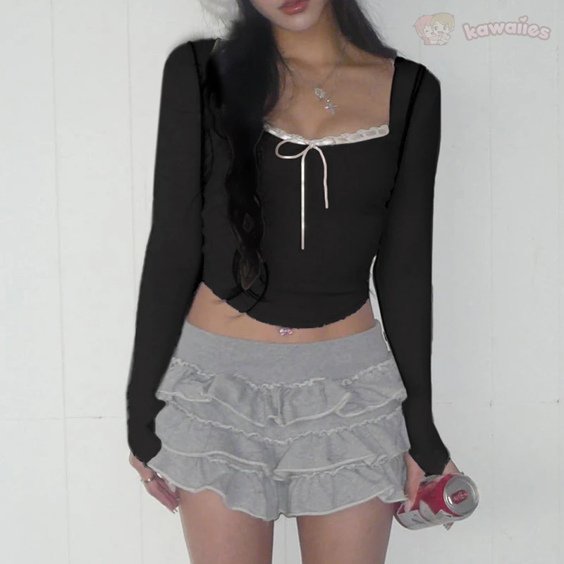 Pink Black Ribbon Laced Long Sleeve Women's Top-Kawaii Dream
