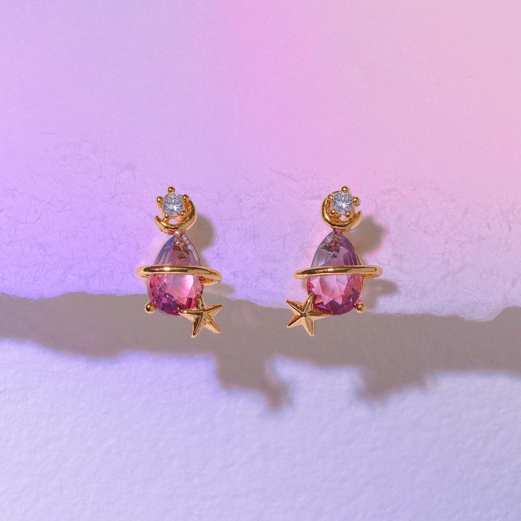 Pink Blue Teardrop Gold-Plated Stud Earrings-Kawaii Dream