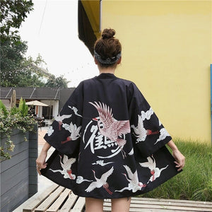 Pink Crane White Black Women's Kimono-Kawaii Dream