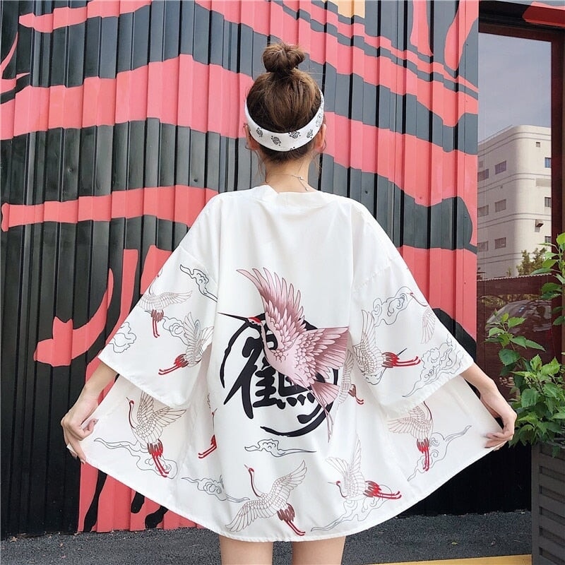Pink Crane White Black Women's Kimono-Kawaii Dream