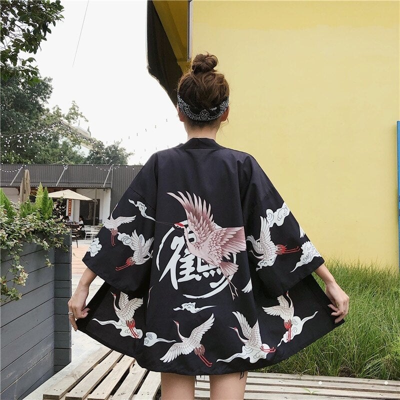 Pink Crane White Black Women's Kimono-Kawaii Dream