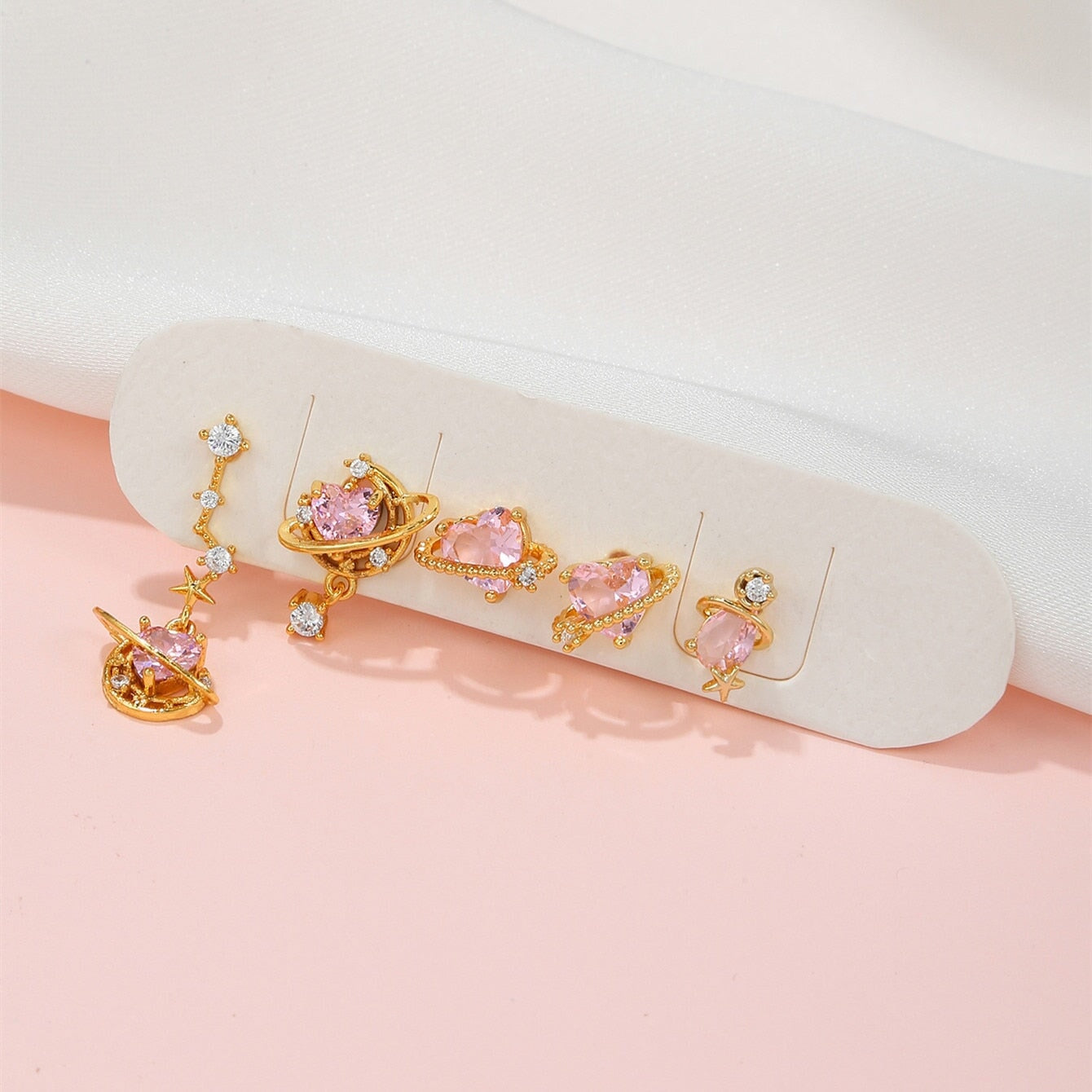 Pink Heart Gold-Plated Asymmetric Stud Earrings-Kawaii Dream