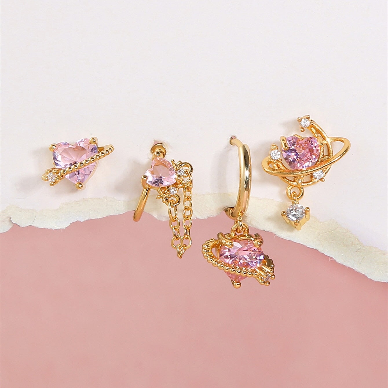 Pink Heart Gold-Plated Asymmetric Stud Earrings-Kawaii Dream