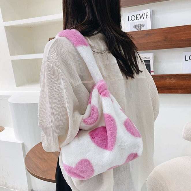 Pink Hearts Fluffy Tote Bag-Kawaii Dream