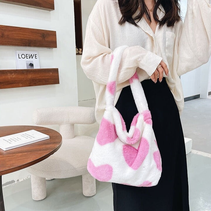 Pink Hearts Fluffy Tote Bag-Kawaii Dream