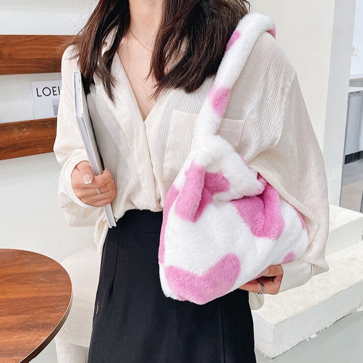 Pink Hearts Fluffy Tote Bag-Kawaii Dream