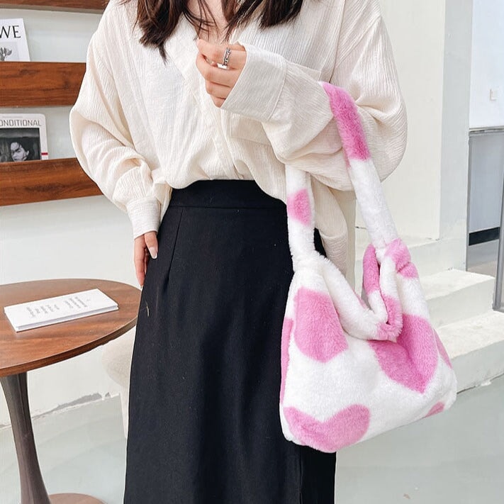 Pink Hearts Fluffy Tote Bag-Kawaii Dream