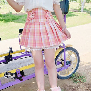 Pink Plaid Pleated Short Korean Fashion Skirt with Lace & Bow-Kawaii Dream
