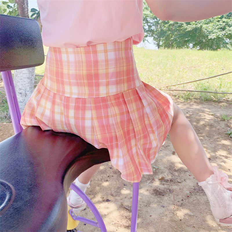 Pink Plaid Pleated Short Korean Fashion Skirt with Lace & Bow-Kawaii Dream