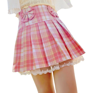 Pink Plaid Pleated Short Korean Fashion Skirt with Lace & Bow-Kawaii Dream