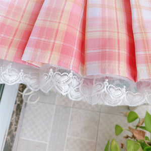 Pink Plaid Pleated Short Korean Fashion Skirt with Lace & Bow-Kawaii Dream