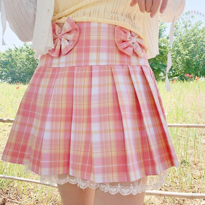 Pink Plaid Pleated Short Korean Fashion Skirt with Lace & Bow-Kawaii Dream