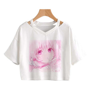 Pink Riamu Cute Anime Girl Print V-neck Crop Top Tee-Kawaii Dream