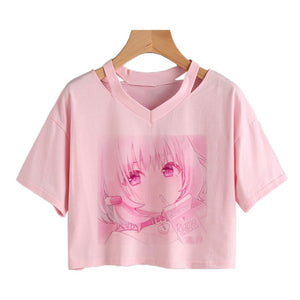 Pink Riamu Cute Anime Girl Print V-neck Crop Top Tee-Kawaii Dream