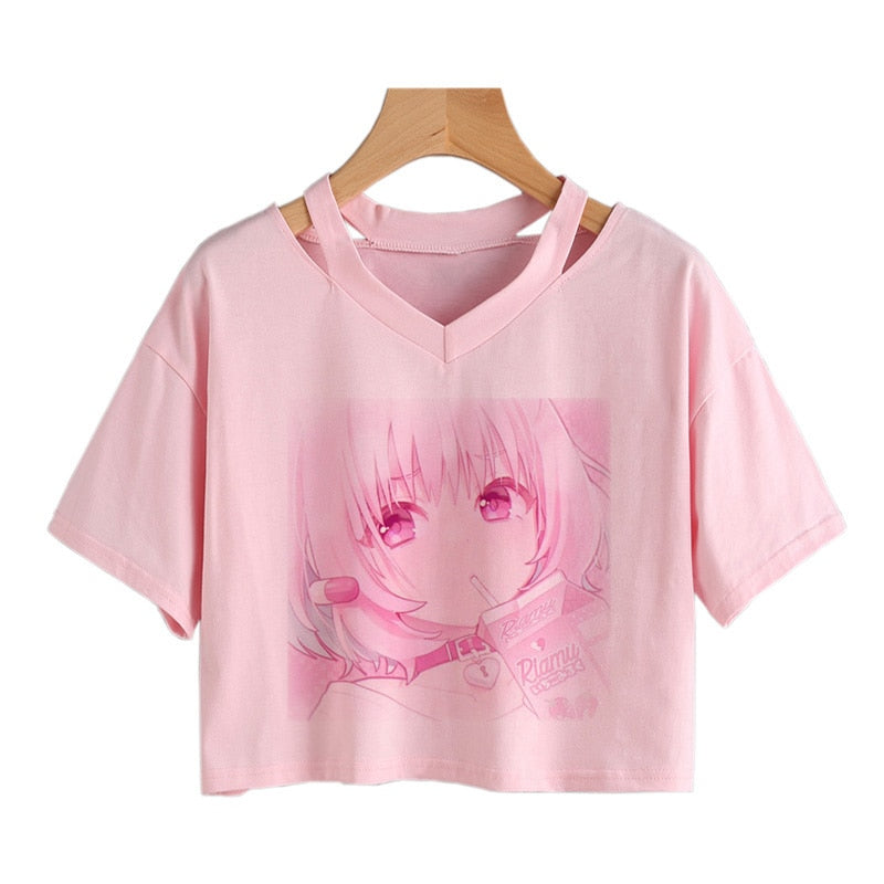 Pink Riamu Cute Anime Girl Print V-neck Crop Top Tee-Kawaii Dream