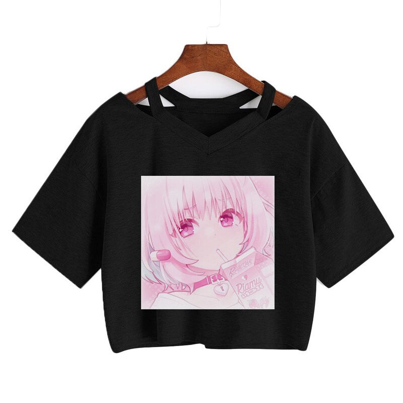 Pink Riamu Cute Anime Girl Print V-neck Crop Top Tee-Kawaii Dream