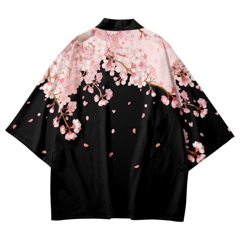 Pink Sakura Flowers Print Unisex Black Kimono-Kawaii Dream