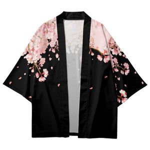 Pink Sakura Flowers Print Unisex Black Kimono-Kawaii Dream