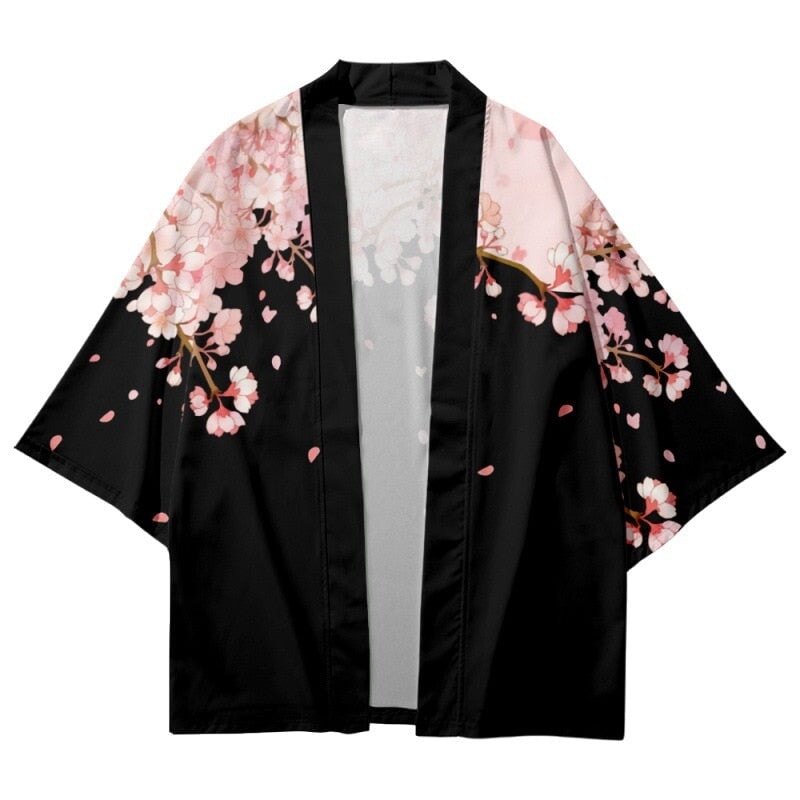 Pink Sakura Flowers Print Unisex Black Kimono-Kawaii Dream