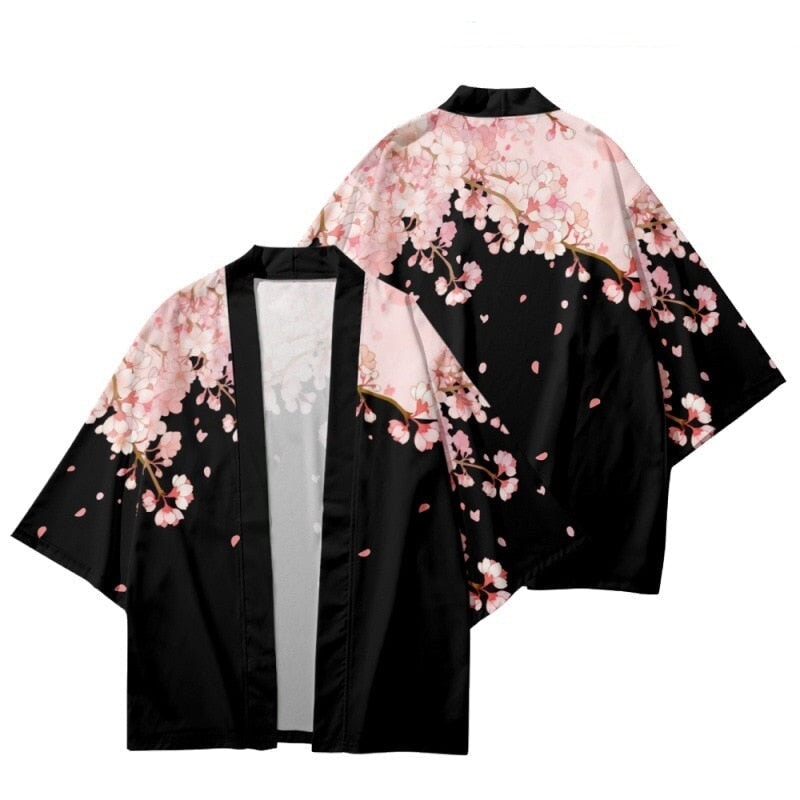 Pink Sakura Flowers Print Unisex Black Kimono-Kawaii Dream