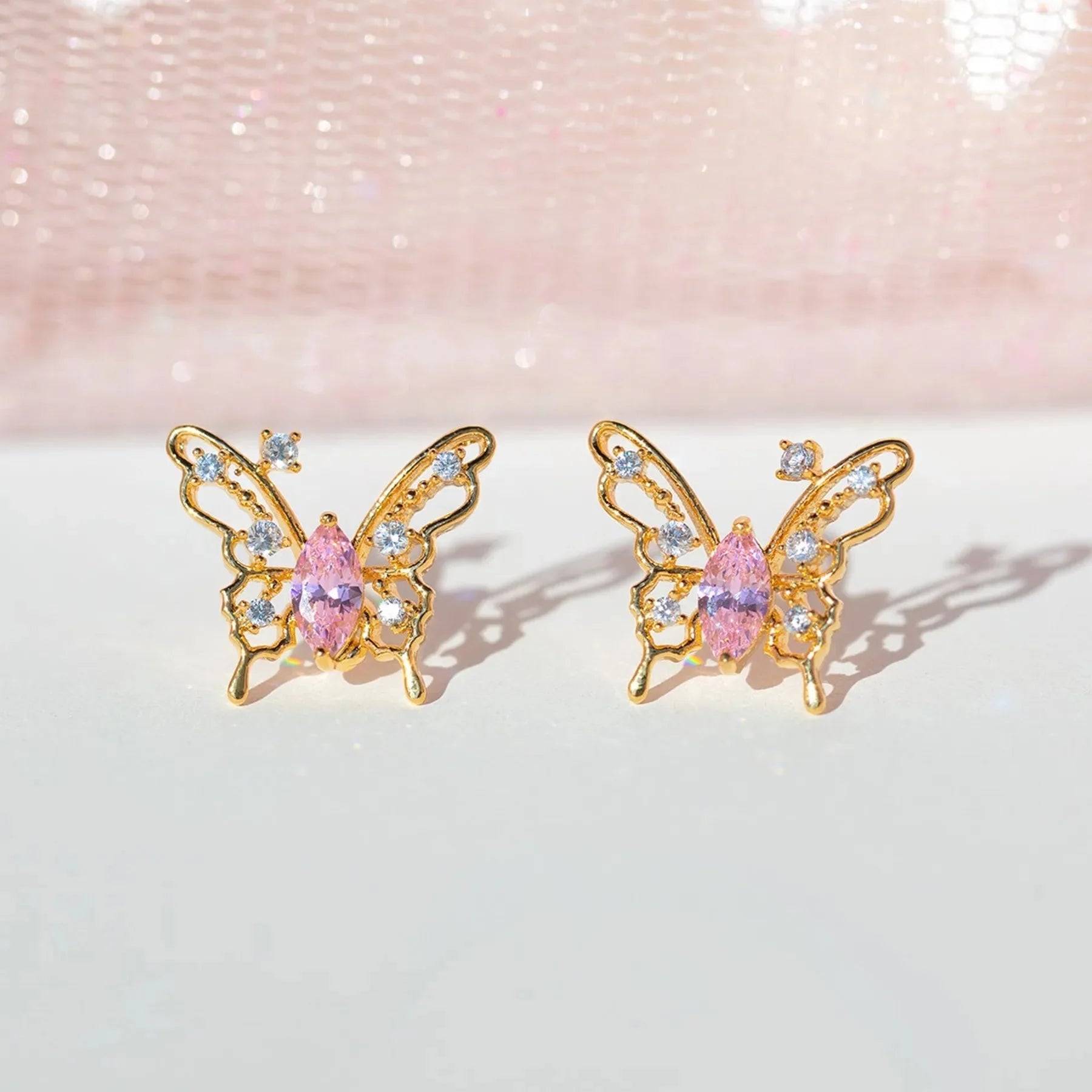 Pink Starry Butterfly Gold-plated Stud Earrings-Kawaii Dream
