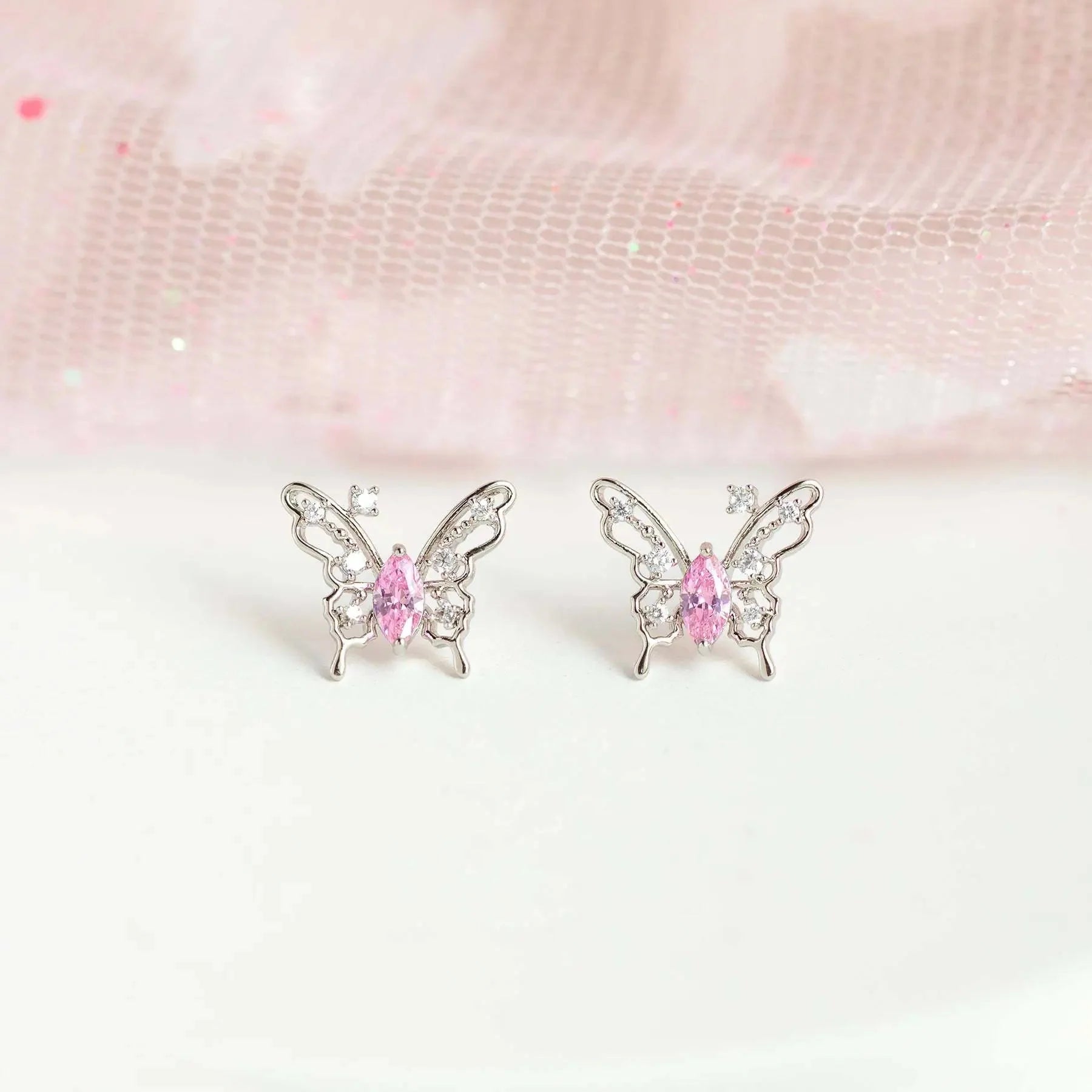 Pink Starry Butterfly Gold-plated Stud Earrings-Kawaii Dream