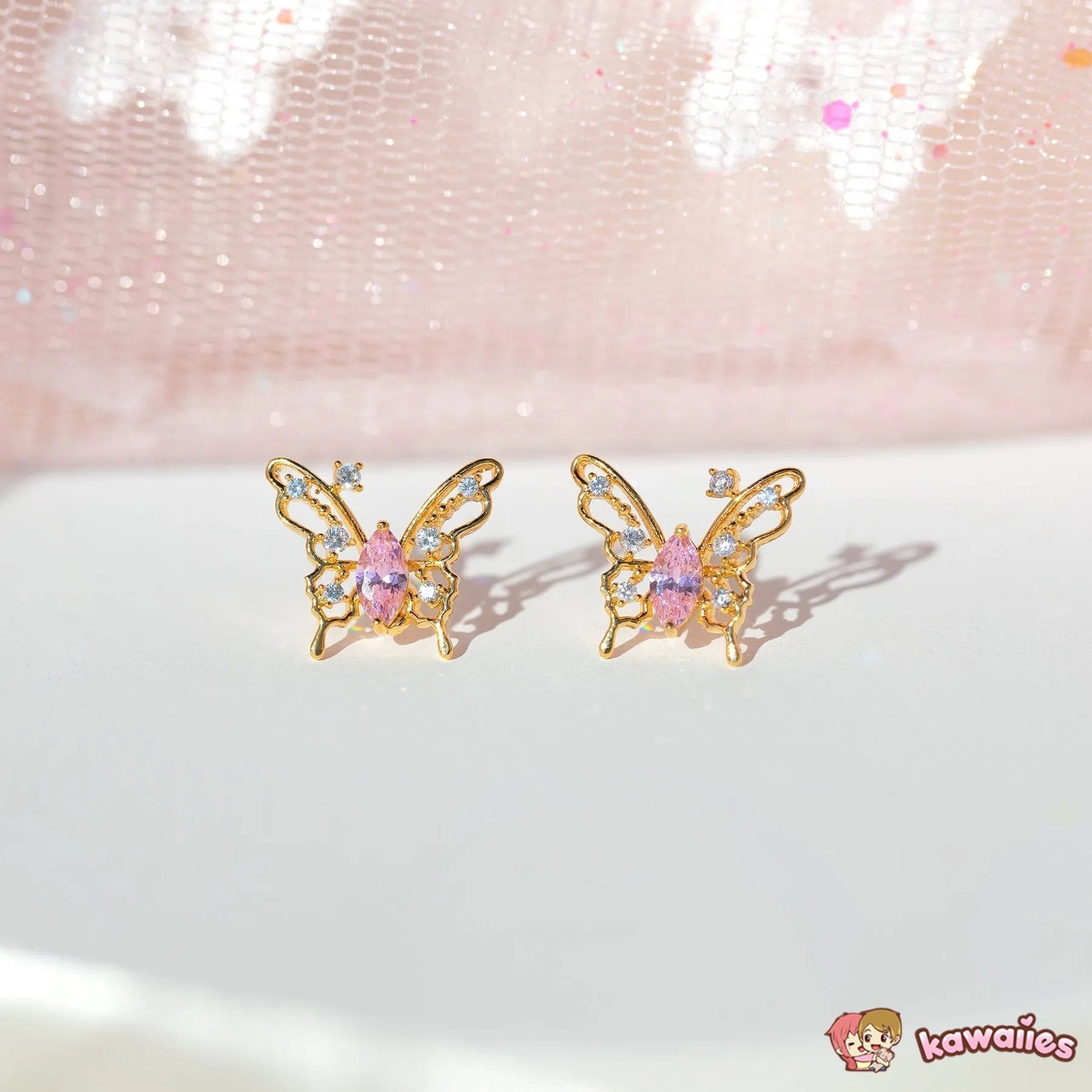 Pink Starry Butterfly Gold-plated Stud Earrings-Kawaii Dream
