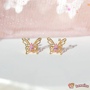 Pink Starry Butterfly Gold-plated Stud Earrings-Kawaii Dream
