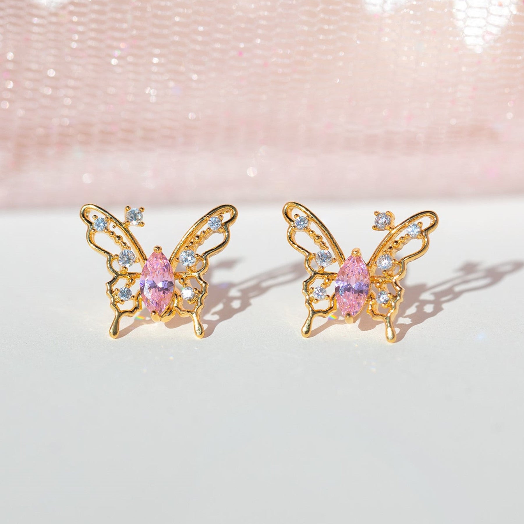 Pink Starry Butterfly Gold-plated Stud Earrings-Kawaii Dream