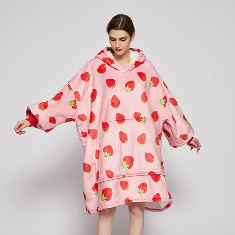 Pink Strawberry Oversized Thick Blanket Hoodie-Kawaii Dream