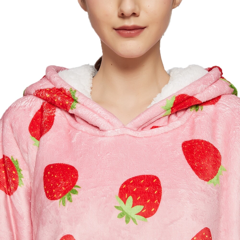 Pink Strawberry Oversized Thick Blanket Hoodie-Kawaii Dream