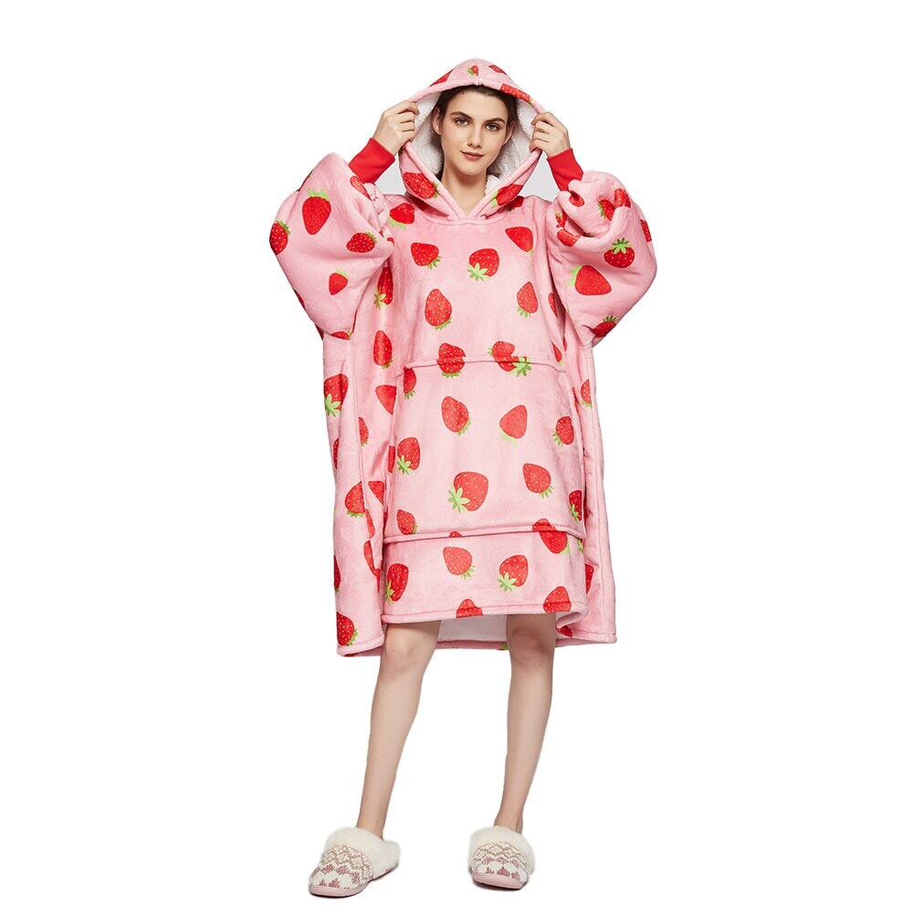 Pink Strawberry Oversized Thick Blanket Hoodie-Kawaii Dream