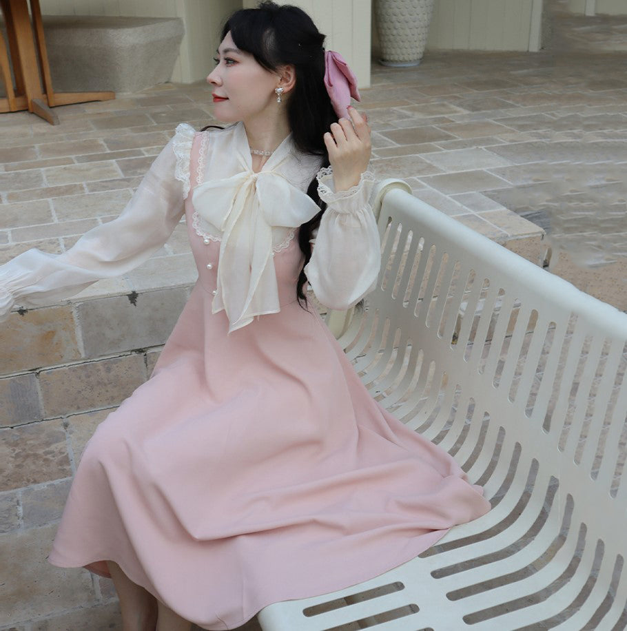 Pink White Vintage Fairytale Cottage Dress-Kawaii Dream
