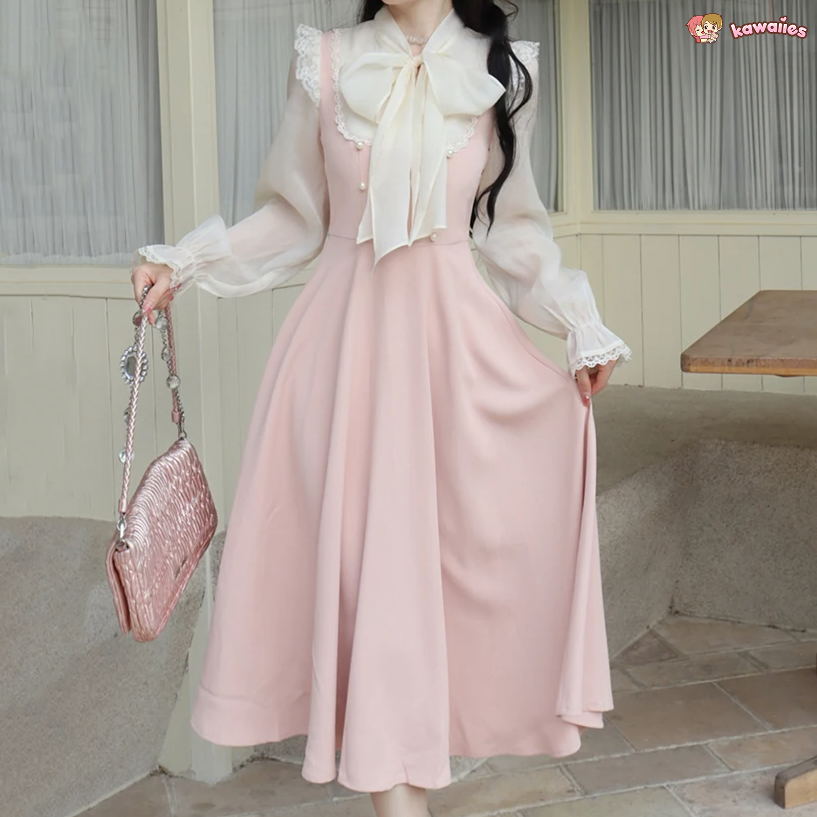 Pink White Vintage Fairytale Cottage Dress-Kawaii Dream
