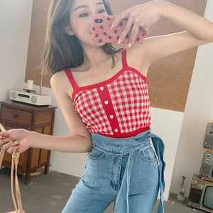Plaid Checker Heart Button Knitted Women's Crop Top Sweater-Kawaii Dream