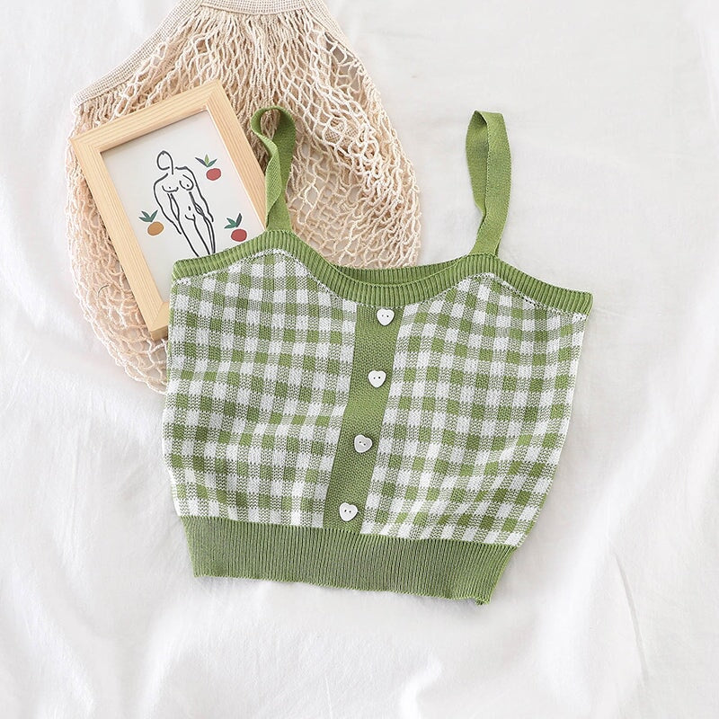Plaid Checker Heart Button Knitted Women's Crop Top Sweater-Kawaii Dream